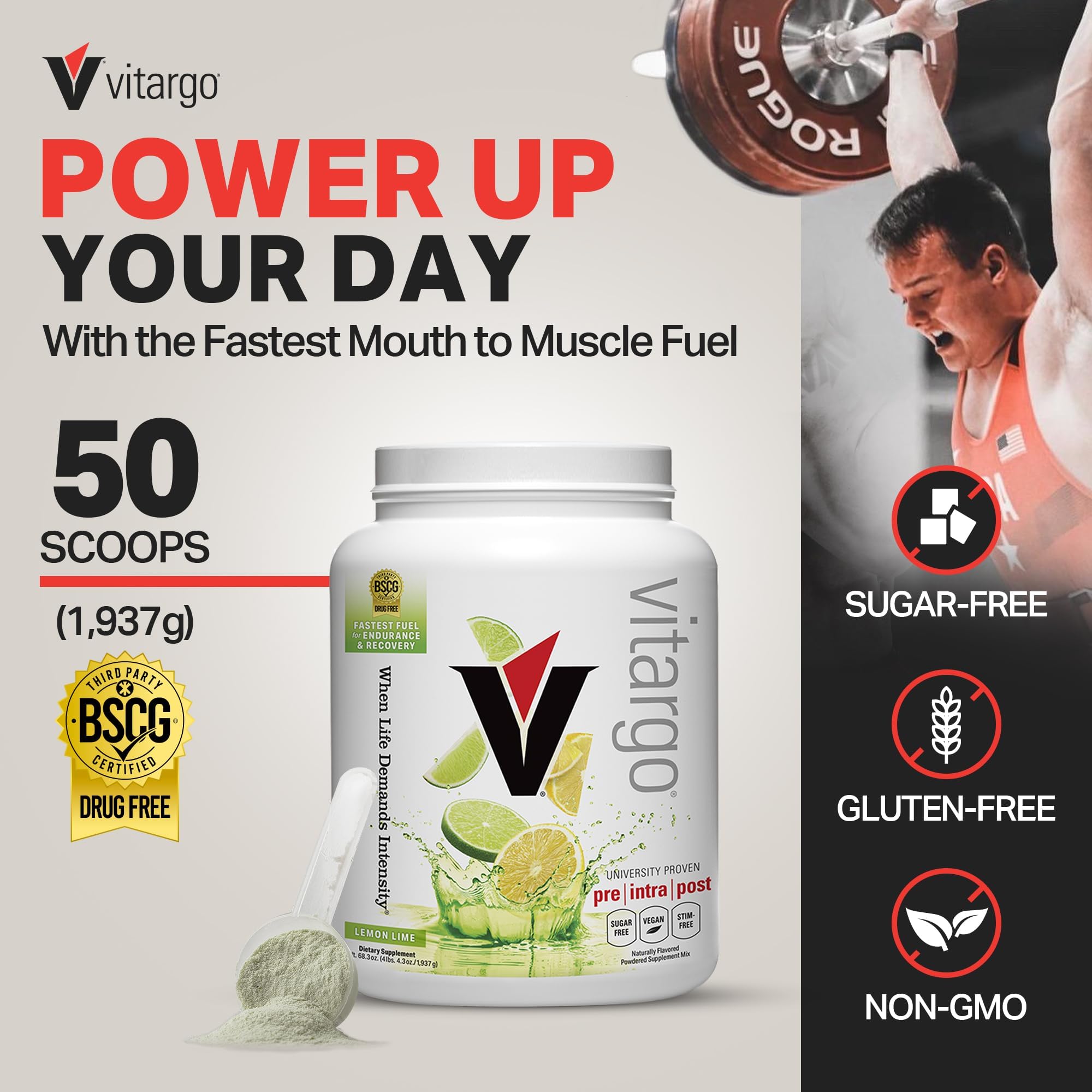 Vitargo lemon-lime scoop pours into a shake for pre/post fueling.
