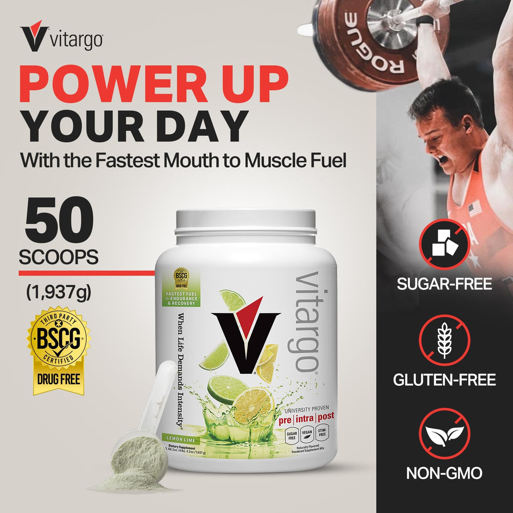 Vitargo lemon-lime scoop pours into a shake for pre/post fueling.