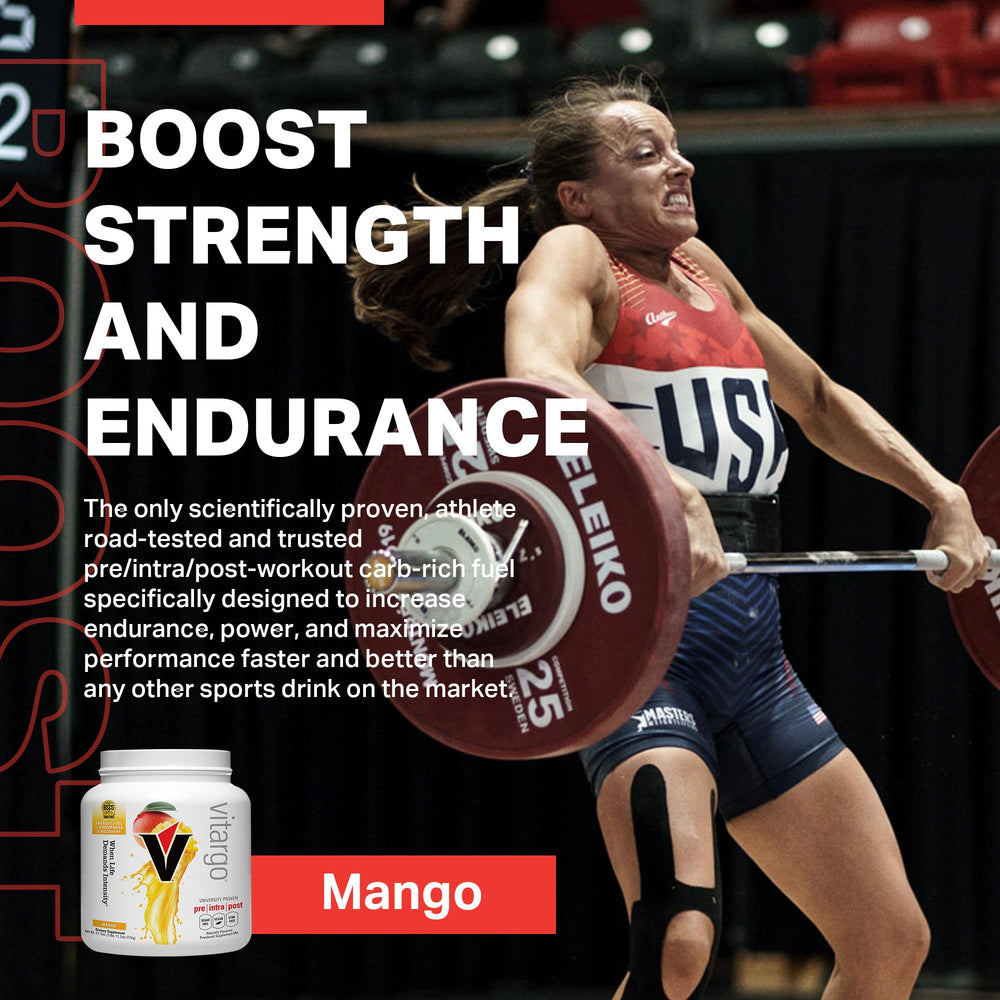 Vitargo mango-flavored powder ready to mix for pre- or post-workout fueling.