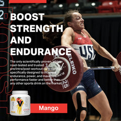Vitargo mango-flavored powder ready to mix for pre- or post-workout fueling.