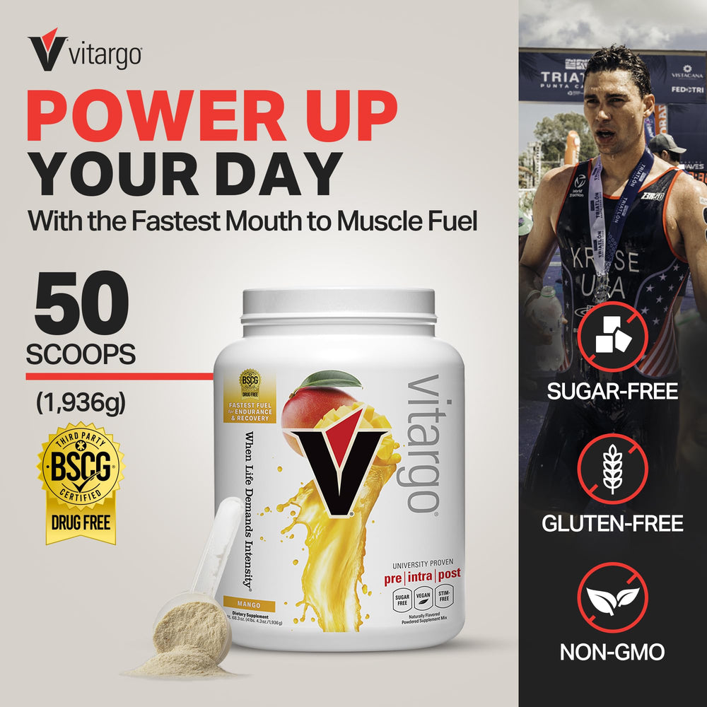 Vitargo mango flavor scoop ready for pre- or post-workout fueling