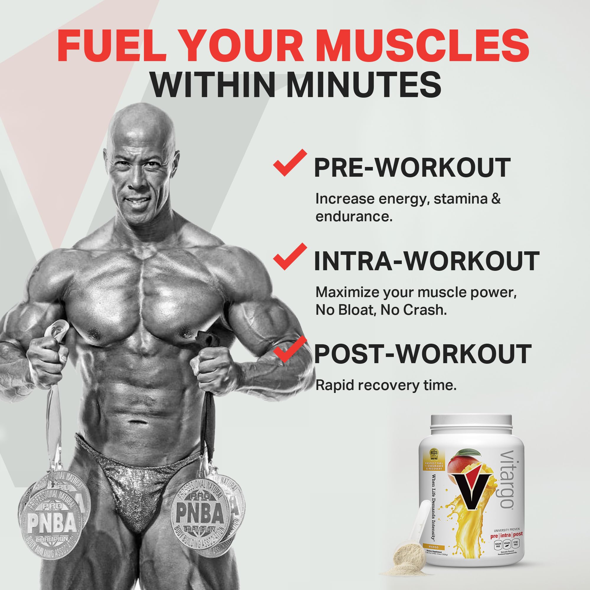 Athlete preparing Vitargo for pre- and post-workout stacking with supplements