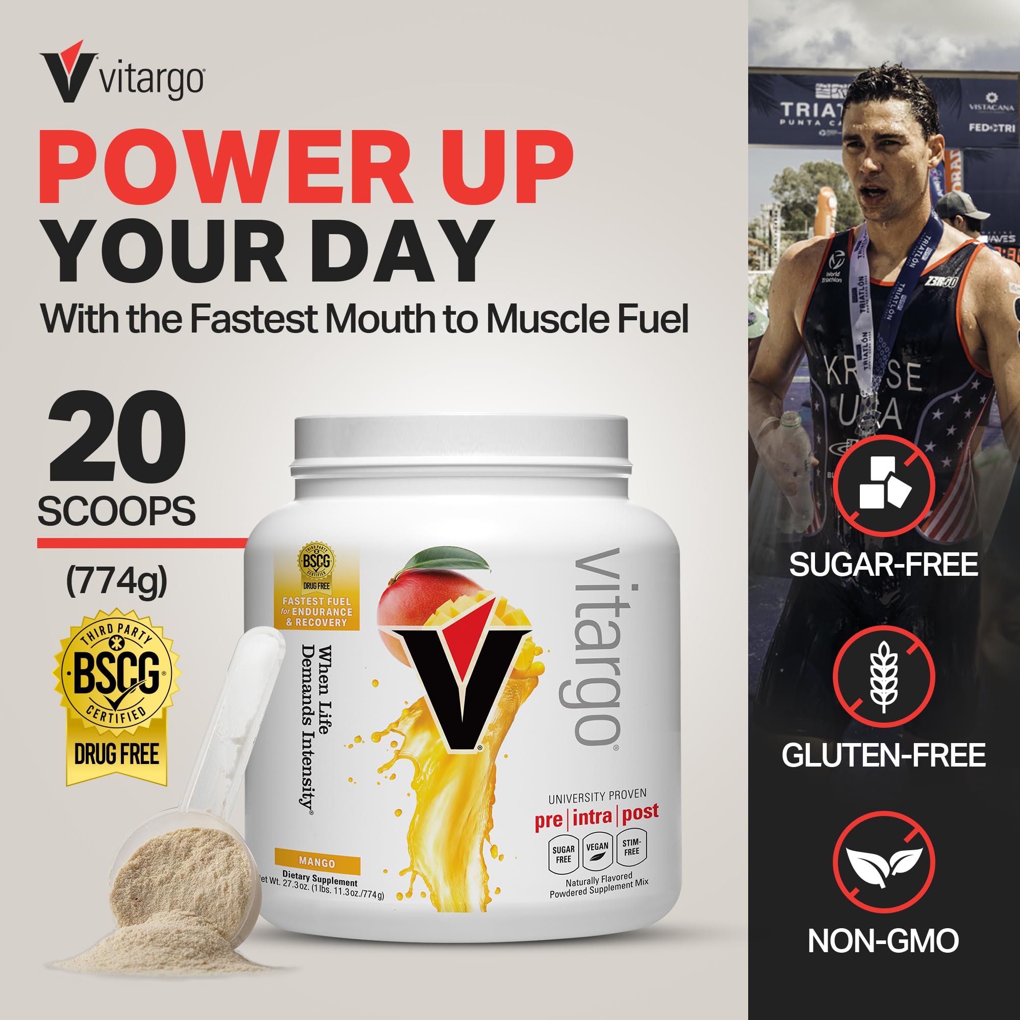 Close-up of Vitargo science label highlighting a clean, sugar-free formula.
