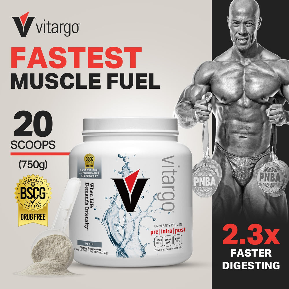 Unflavored Vitargo powder pours smoothly for pre- and post-workout fueling