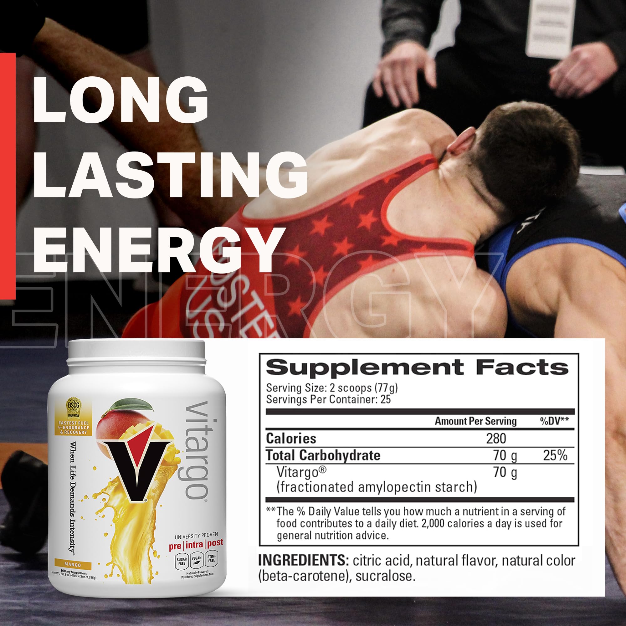 Packaged Vitargo product made in the USA, showcasing a clean carbohydrate powder