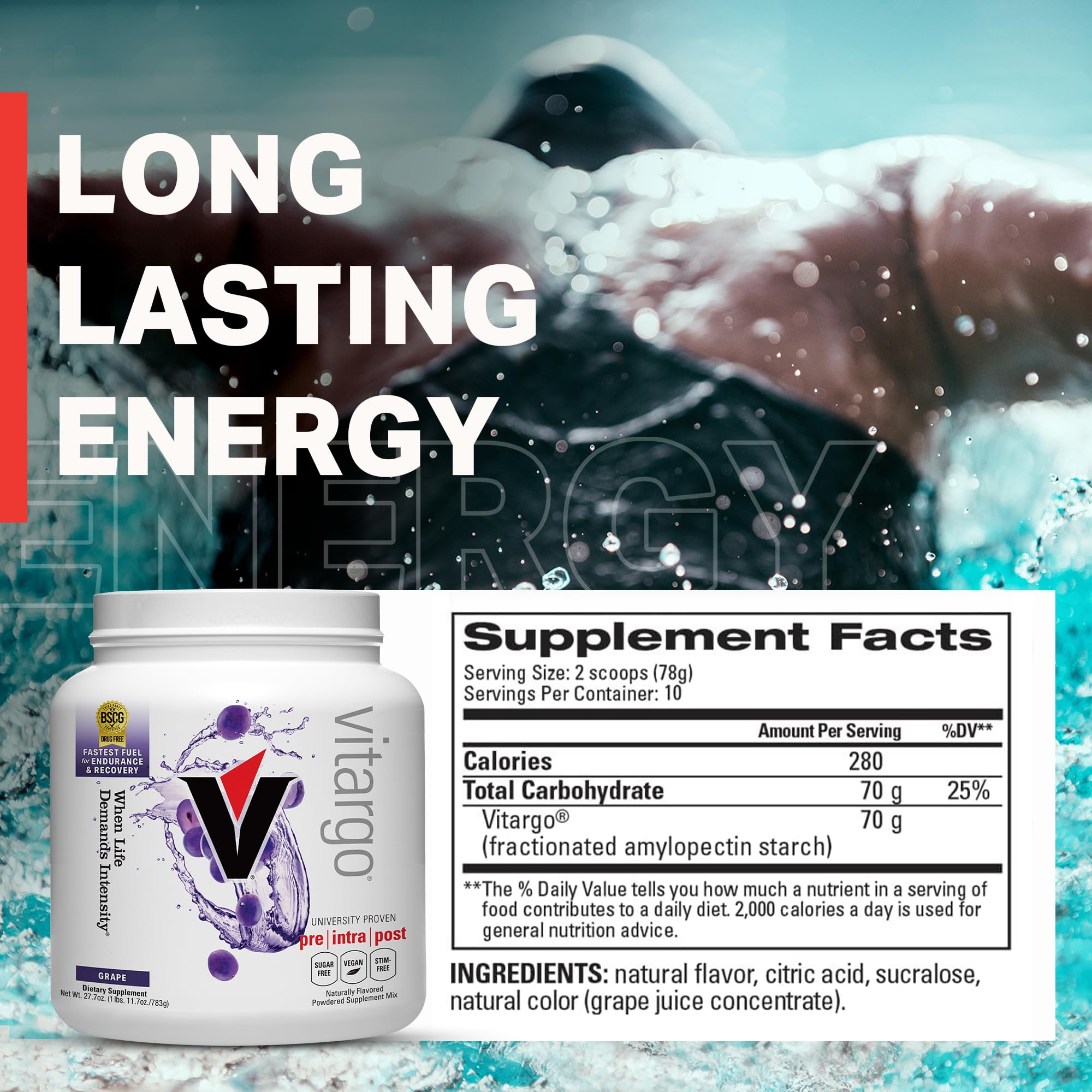 Vitargo packaging shows vegan and gluten-free certifications for trust