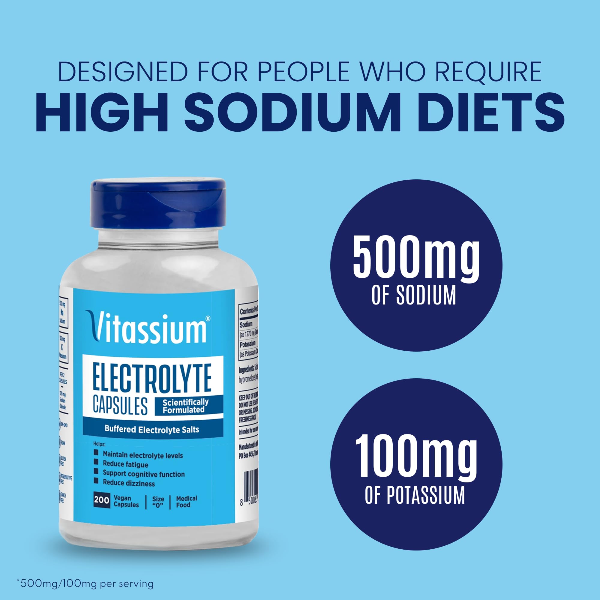 Vitassium electrolyte capsules bottle side view highlighting compact, travel-friendly option