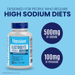 Vitassium electrolyte capsules bottle side view highlighting compact, travel-friendly option