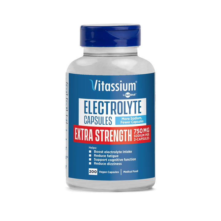 Vitassium electrolyte capsules bottle view for easy on-the-go hydration.