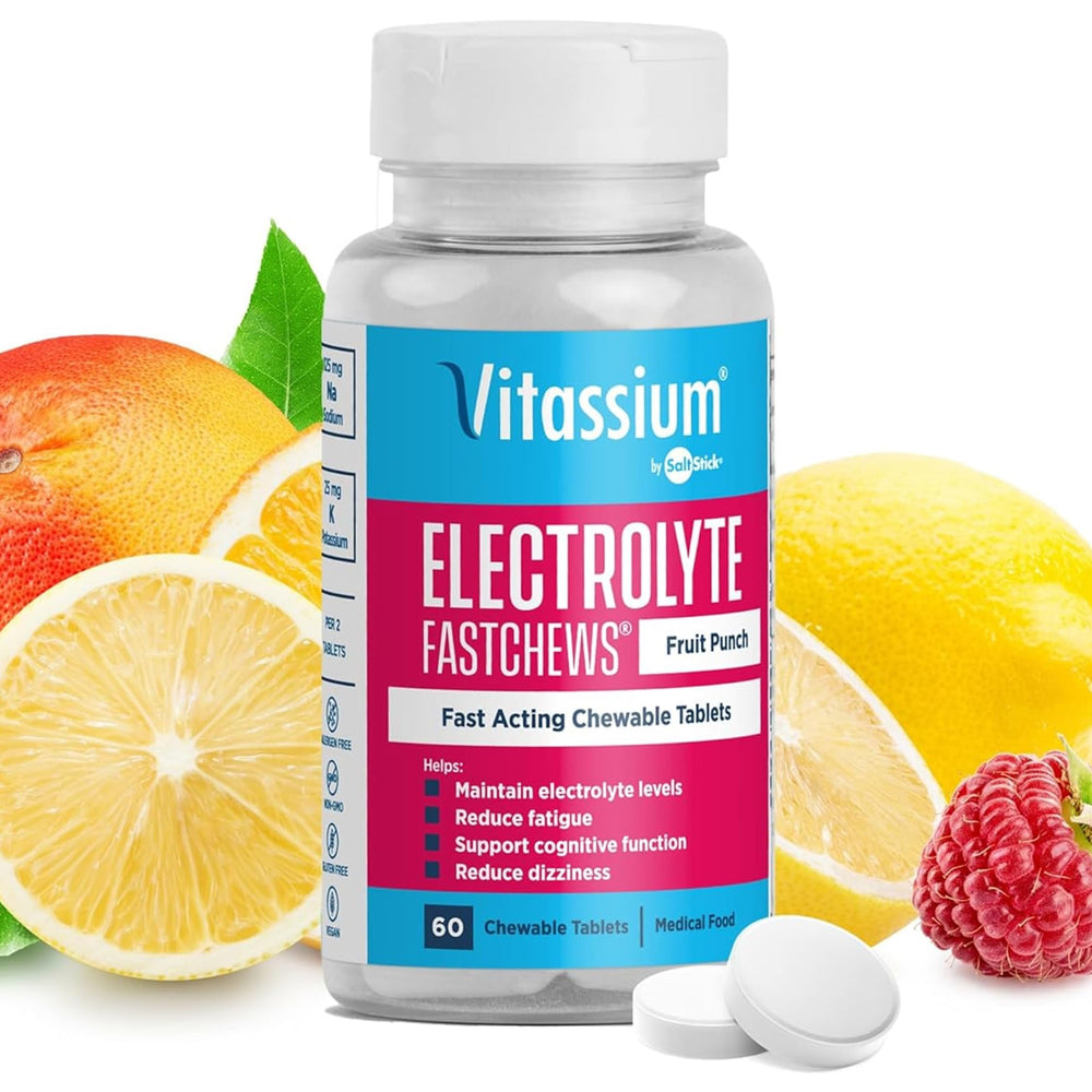 Vitassium FastChews fruit punch tablets in bottle, convenient daily electrolyte support