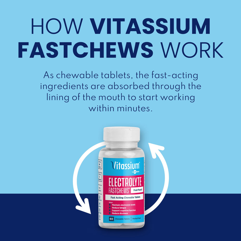 Close-up of Vitassium FastChews tablets in blister pack for on-the-go use