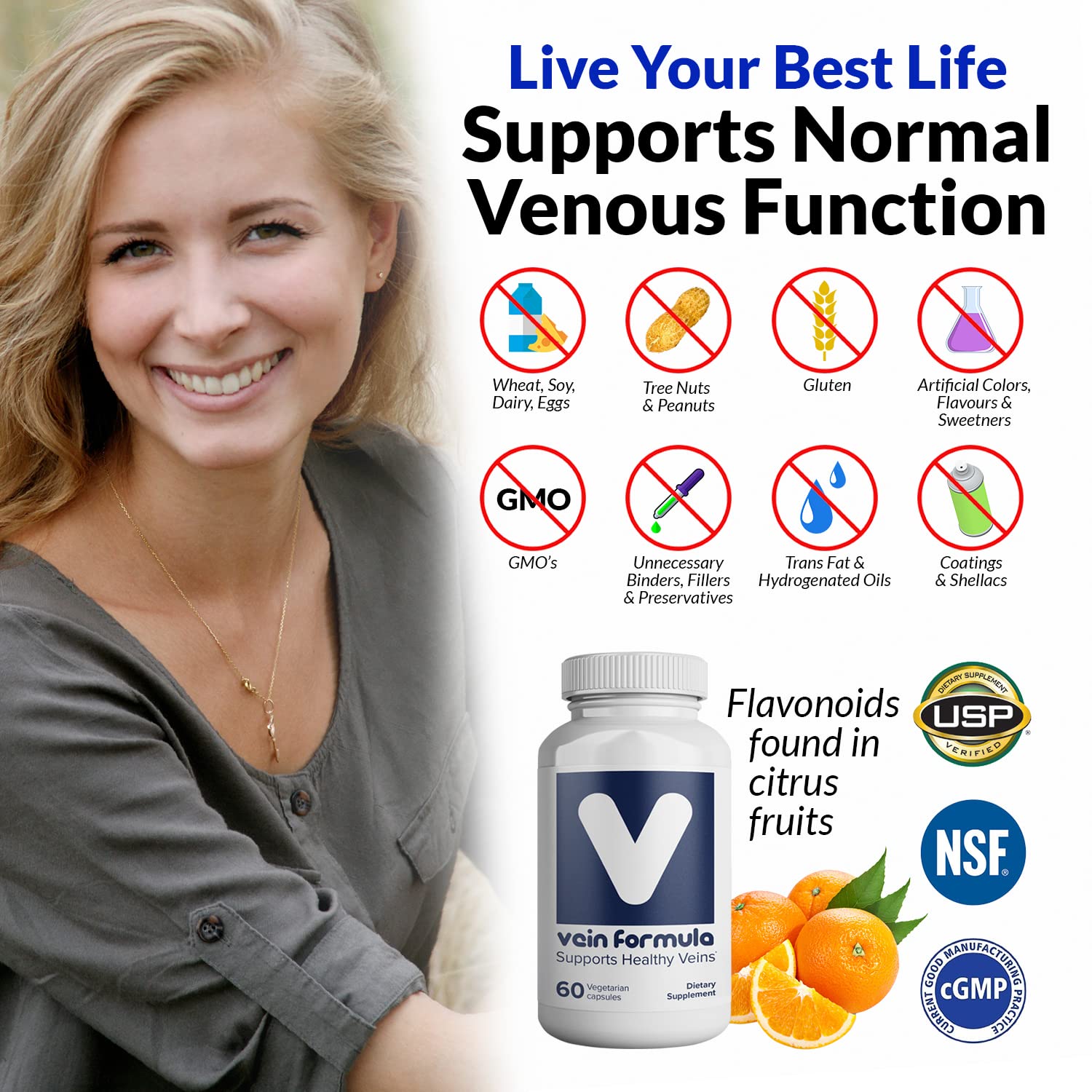 VITASUPPORTMD Vein Formula label emphasizing non-GMO and gluten-free ingredients.