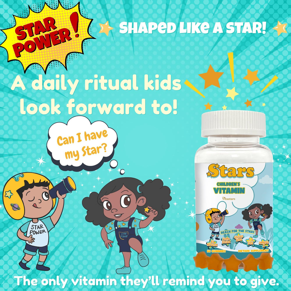 Vitastars kids-chewing-gummies shown with a parent, highlighting guilt-free daily habit.