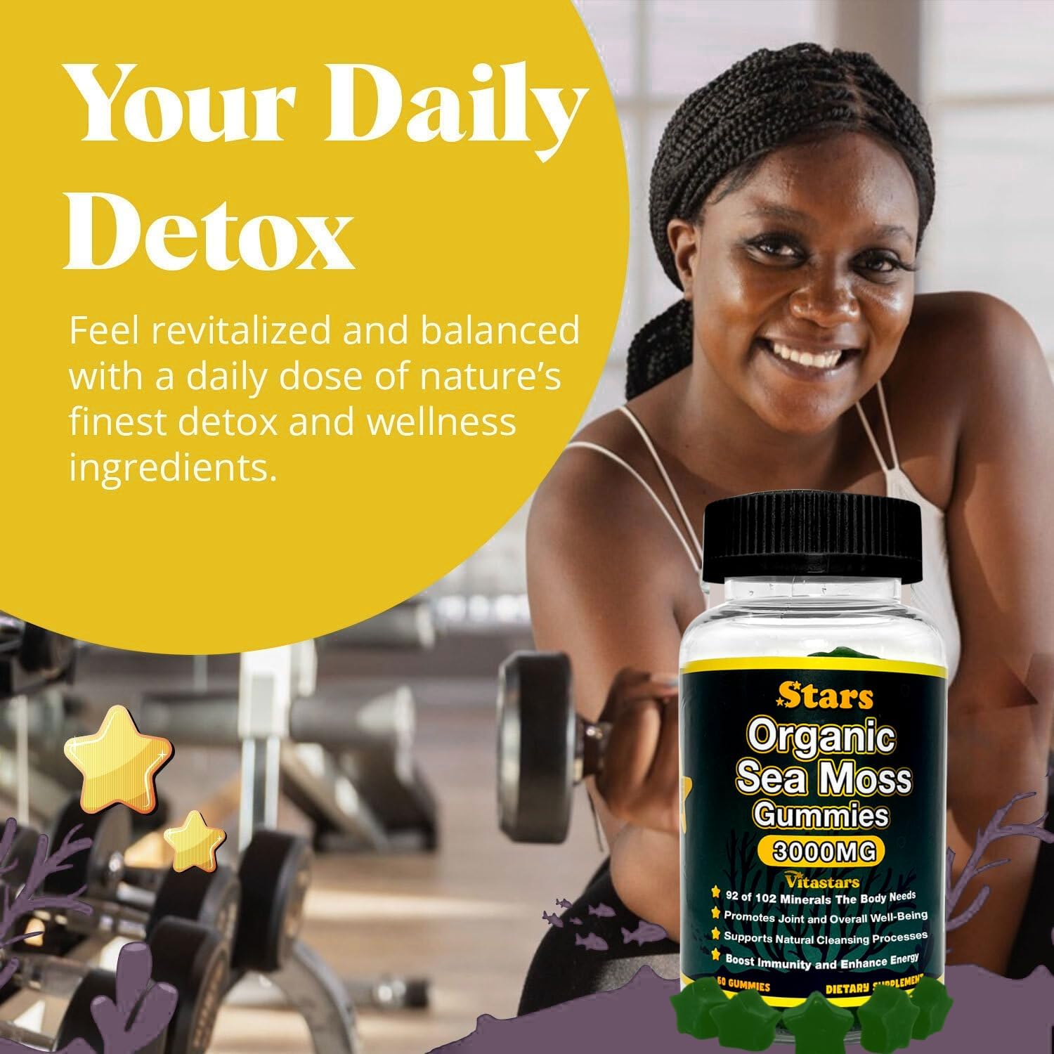 Vitastars gummies ingredients shown, highlighting ACV, bladderwrack, burdock root for mineral support