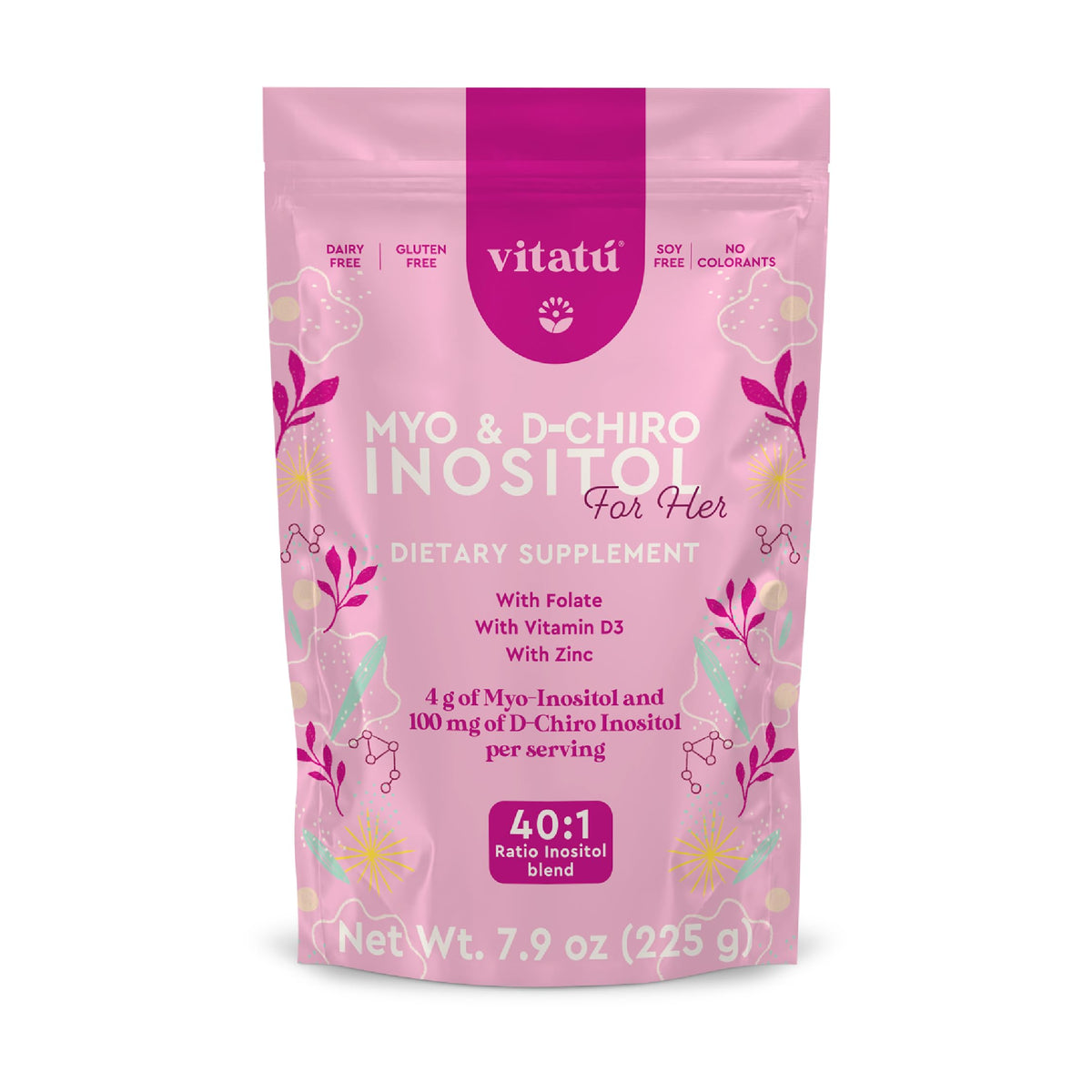Vitatú bottle close-up showing the Myo-Inositol and D-Chiro blend in a 40:1 ratio.
