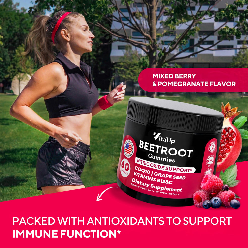 VitaUp Beet Root Gummies with mixed berry-pomegranate flavor for enjoyable daily use.