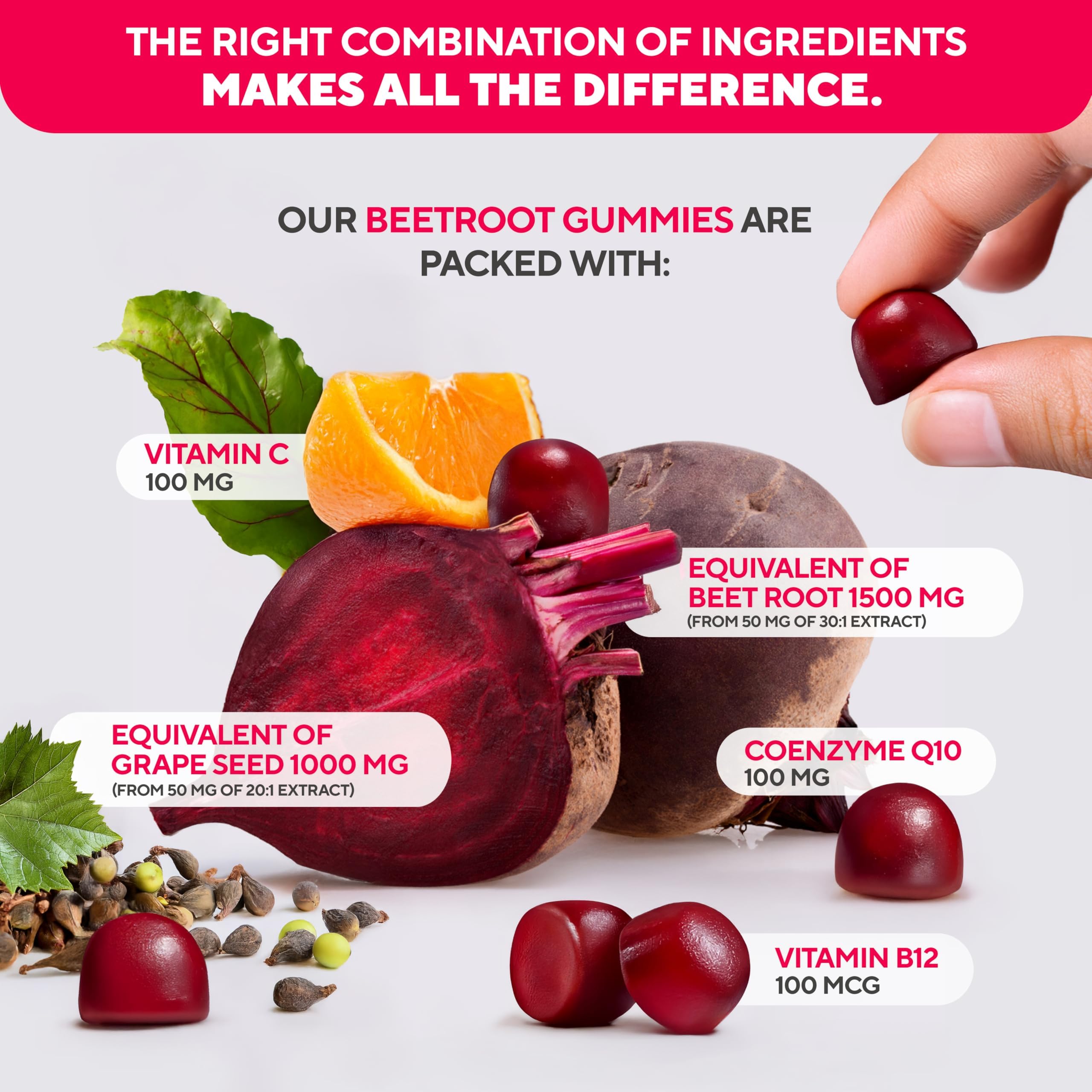 VitaUp Beet Root Gummies jar shows chewy bites with mixed berry-pomegranate flavor.