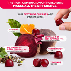 VitaUp Beet Root Gummies jar shows chewy bites with mixed berry-pomegranate flavor.