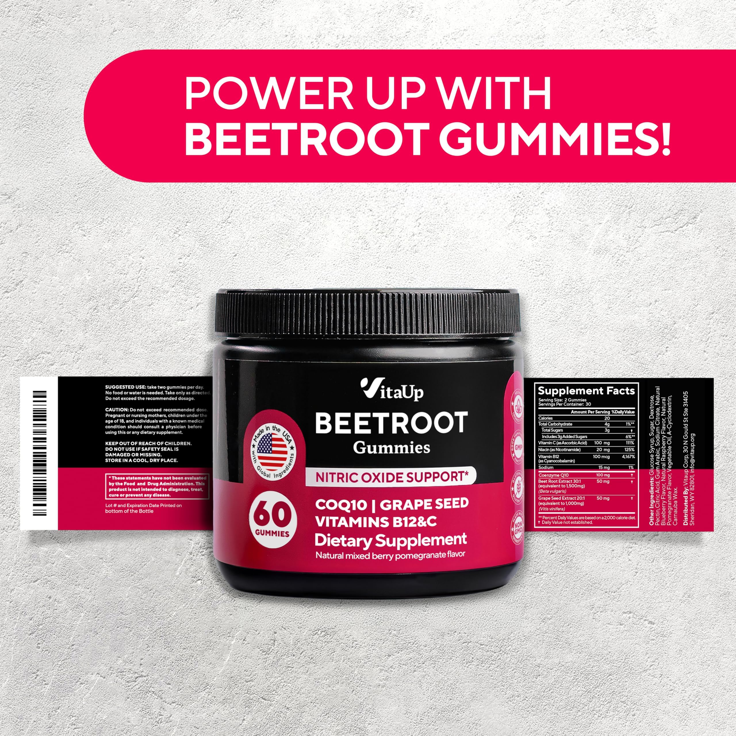 VitaUp Beet Root Gummies packaging emphasizing GMO-free and gluten-free formulation.