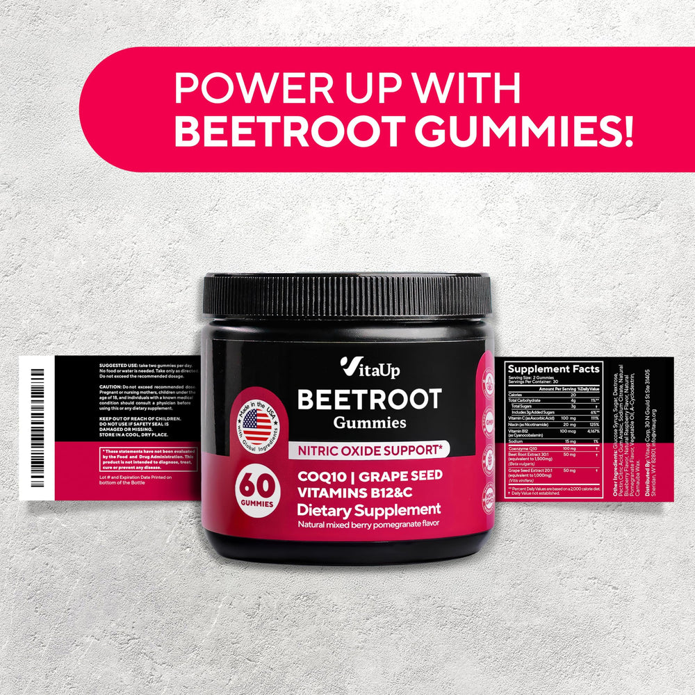 VitaUp Beet Root Gummies packaging emphasizing GMO-free and gluten-free formulation.