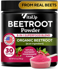 VitaUp Beet Root Powder bottle shows the 8-in-1 blend for daily energy support.