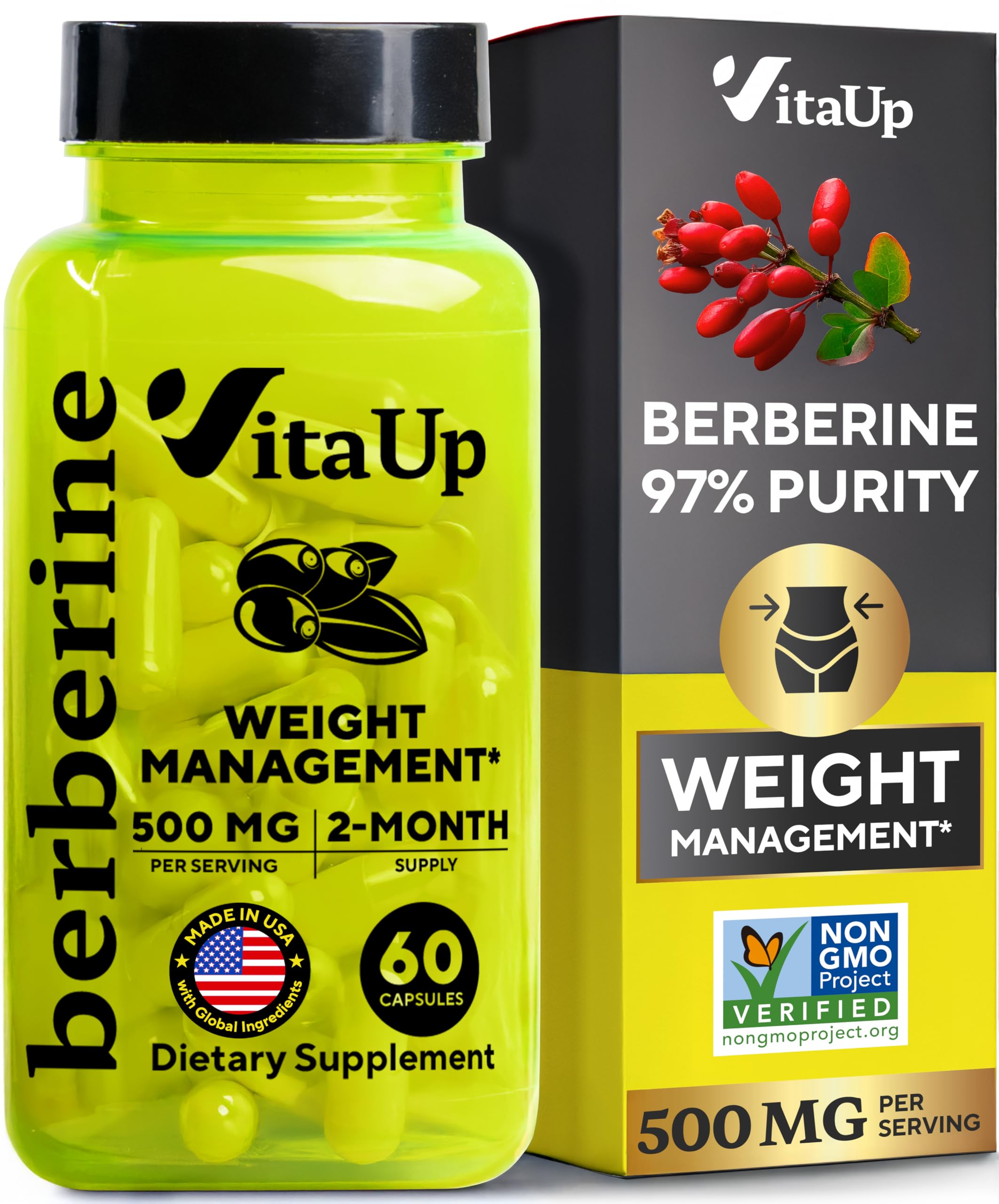 VitaUp Berberine 500mg bottle promotes balance as part of daily wellness.
