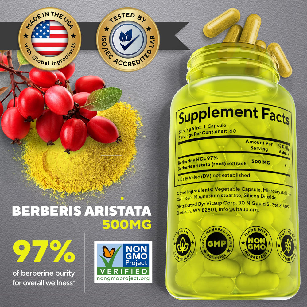 VitaUp Berberine 500mg capsule closeup supports energy management.