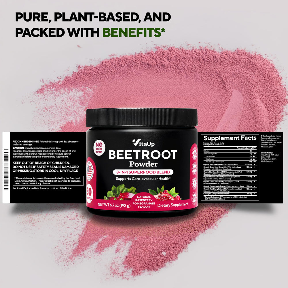 Smooth, berry-flavored beverage for daily wellness exploration with VitaUp Beet Root Powder.