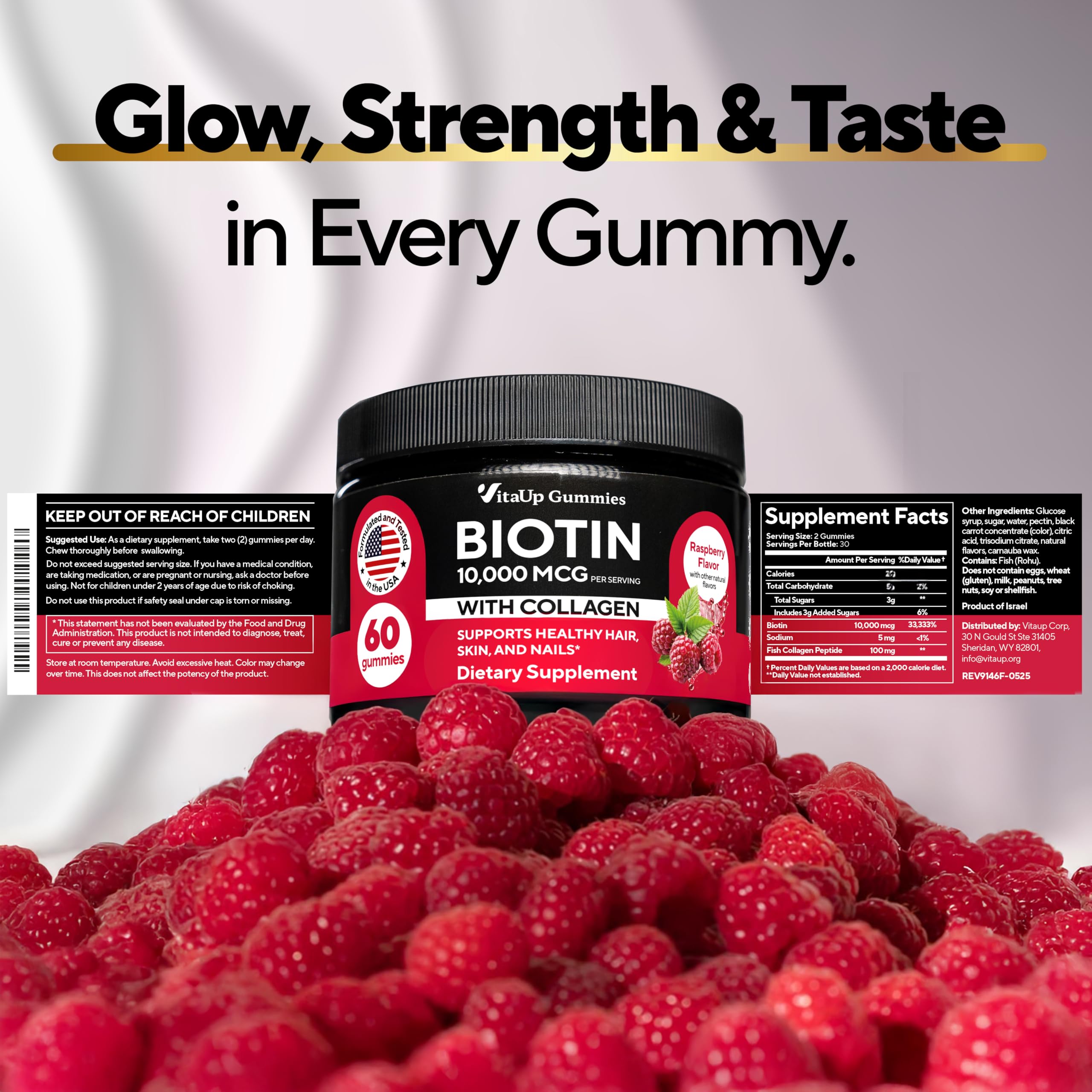 VitaUp Biotin Gummies lifestyle shot signaling hair, skin and nails health