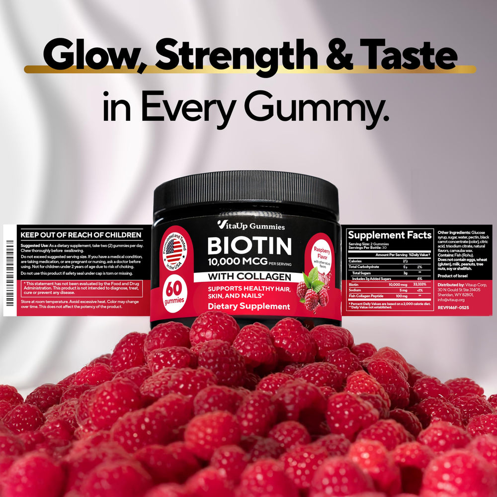 VitaUp Biotin Gummies lifestyle shot signaling hair, skin and nails health