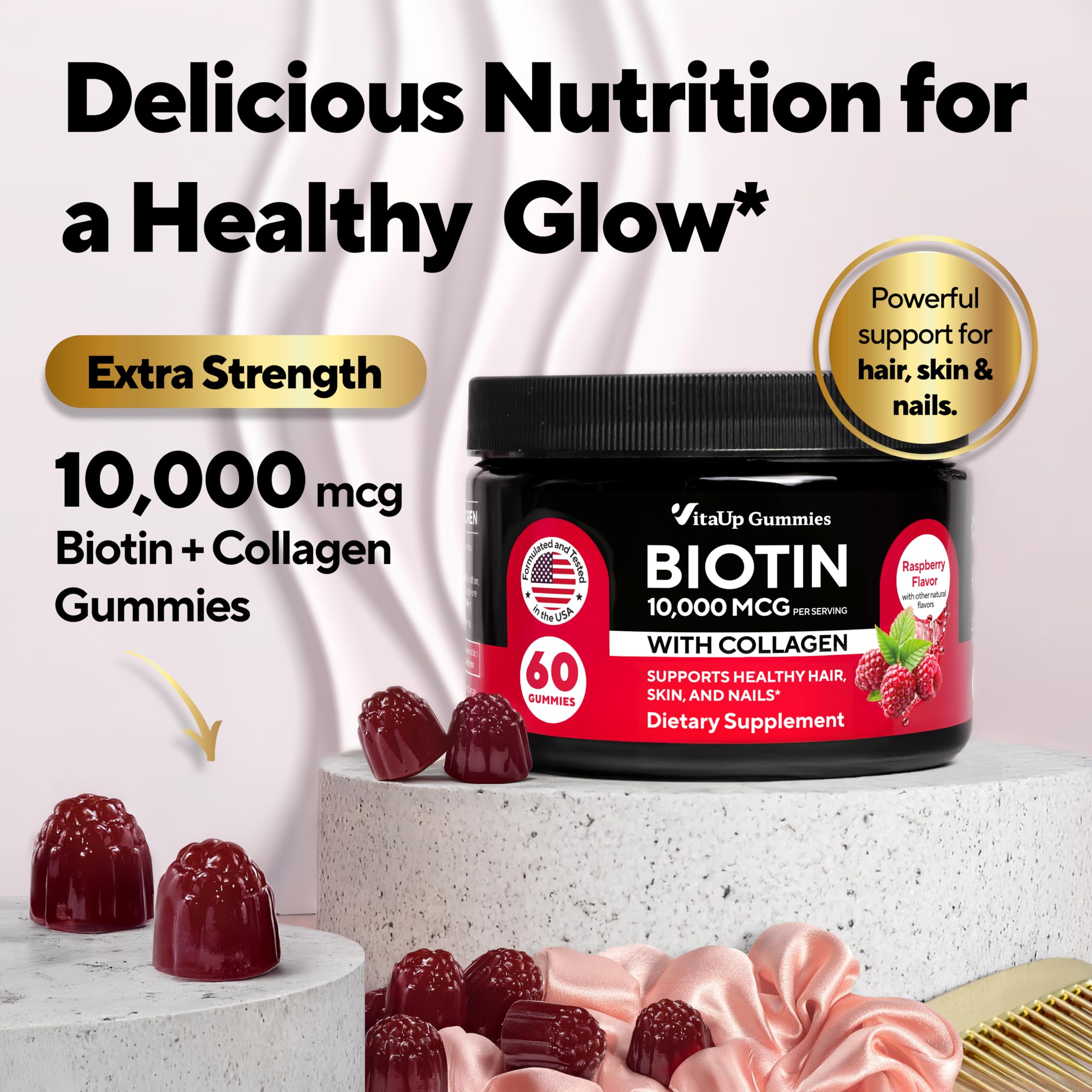 VitaUp Biotin Gummies raspberry flavor close-up for daily routine