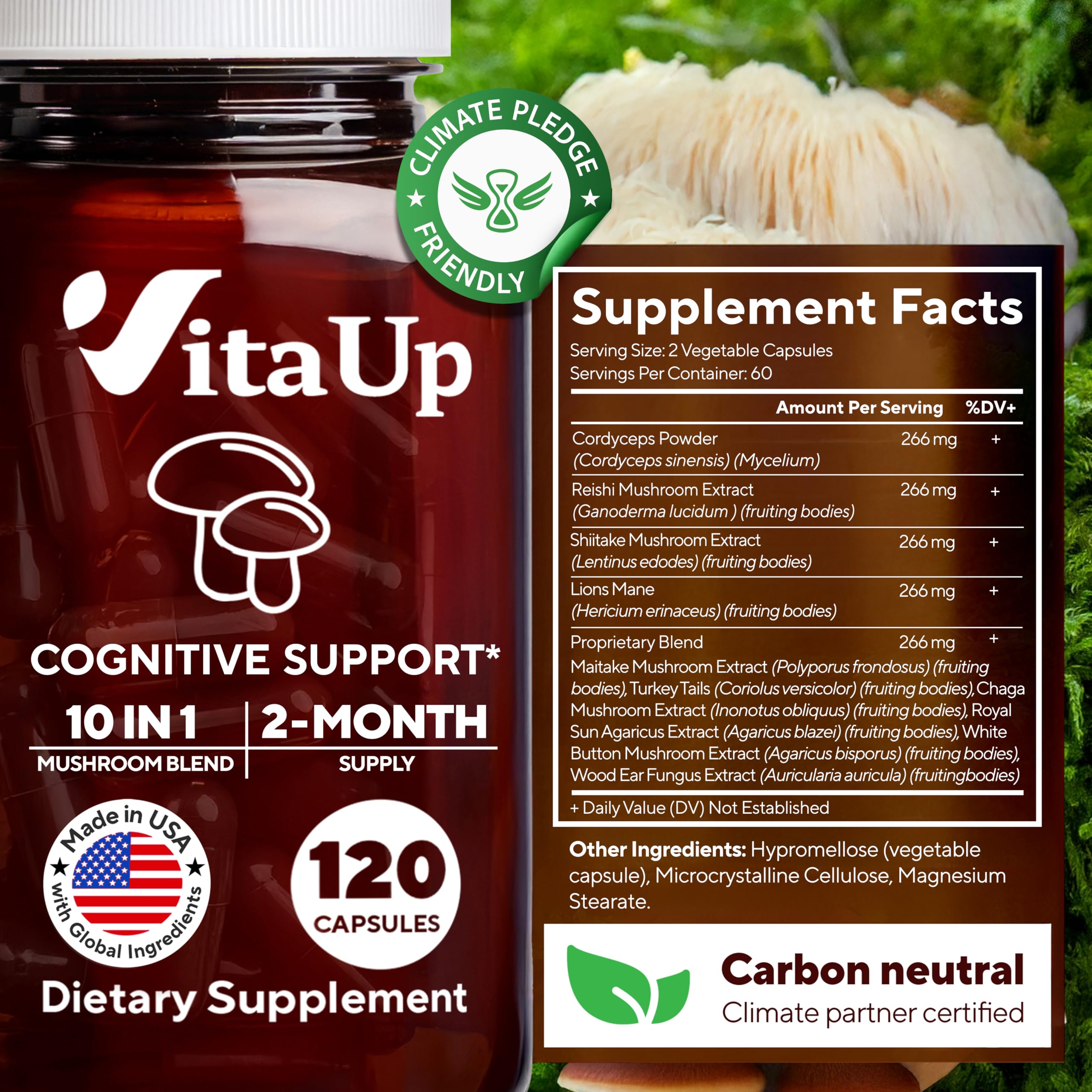 VitaUp brain-focus capsules on desk for clarity and focus.