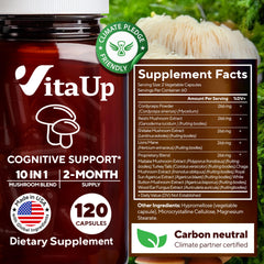 VitaUp brain-focus capsules on desk for clarity and focus.