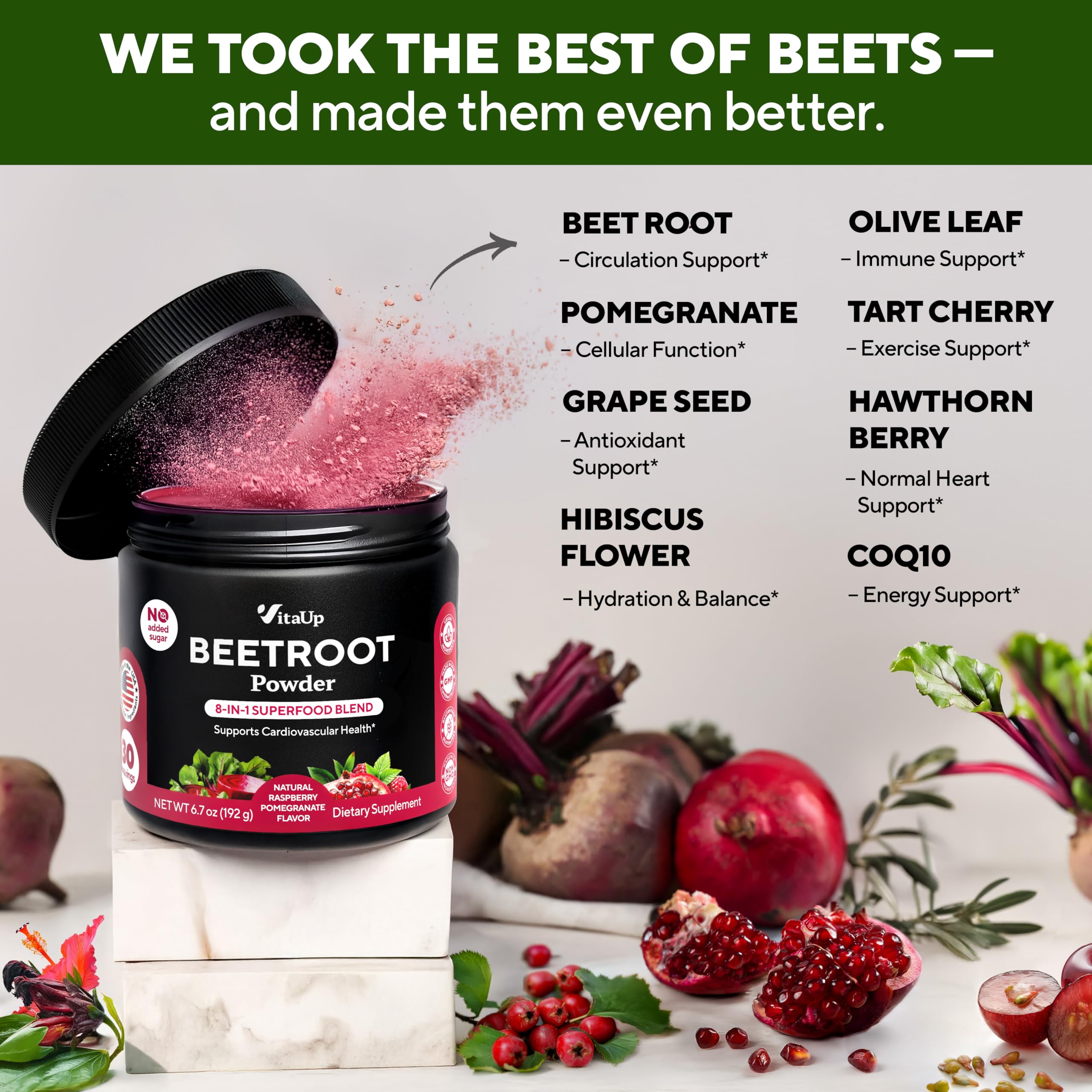 CoQ10, grape seed, hawthorn close-up showing potent mix for vitality.