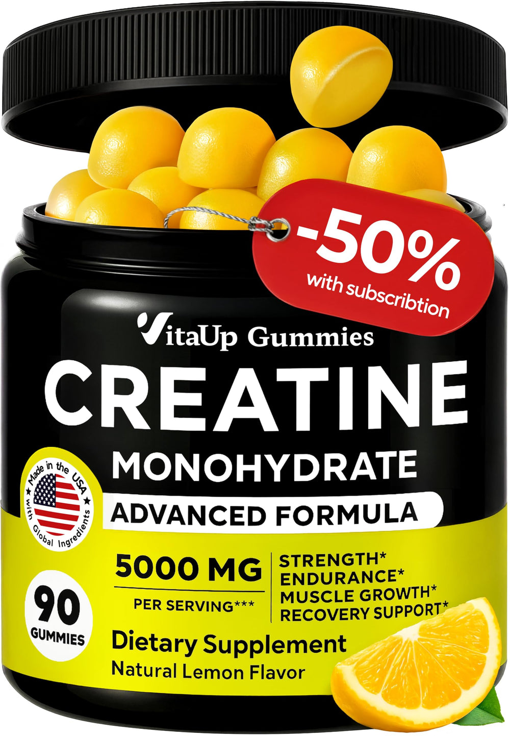 VitaUp Creatine Monohydrate Gummies bottle front with lemon flavor for on-the-go energy