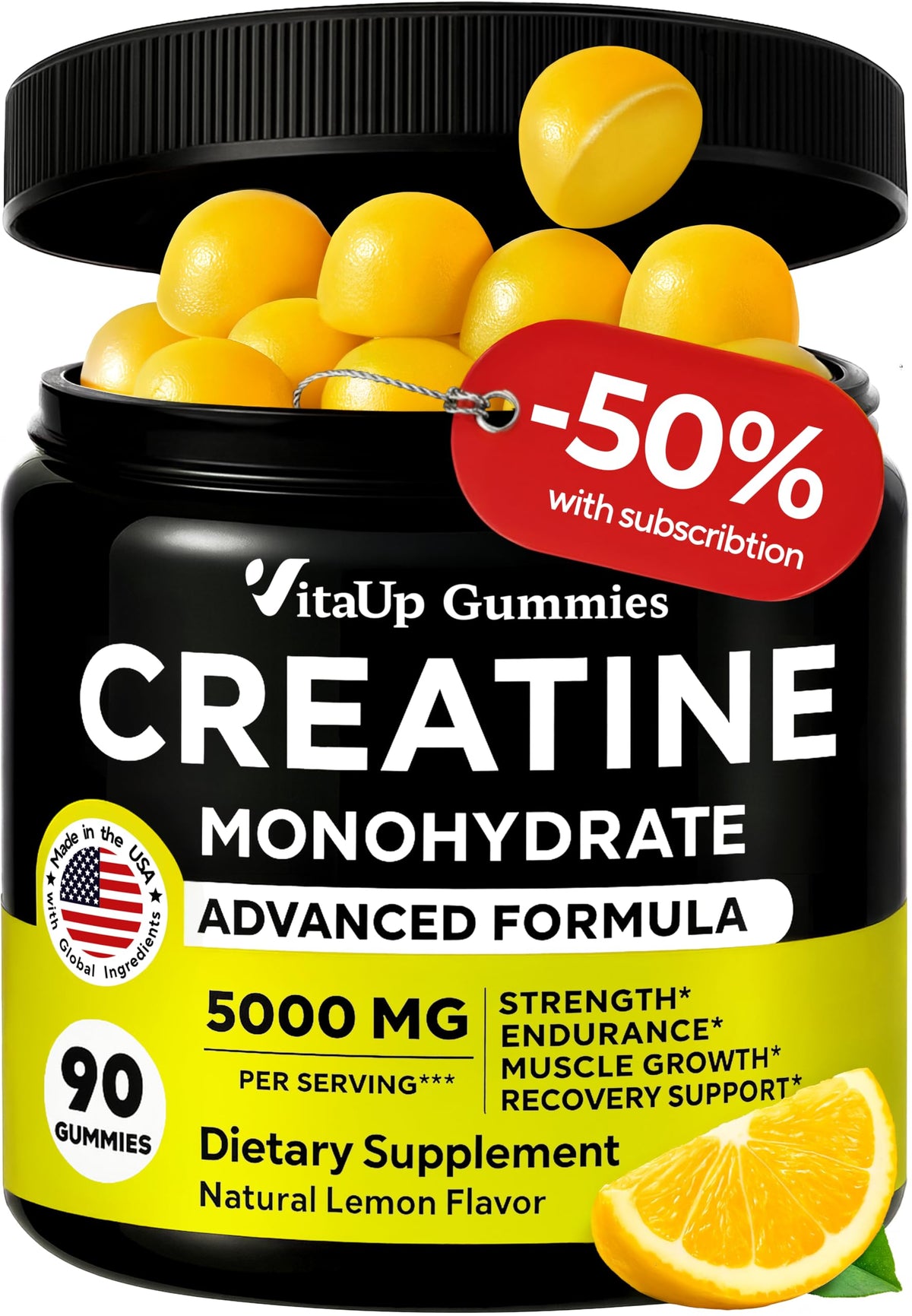VitaUp Creatine Monohydrate Gummies bottle front with lemon flavor for on-the-go energy