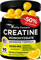 VitaUp Creatine Monohydrate Gummies bottle front with lemon flavor for on-the-go energy