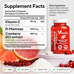 VitaUp D-Mannose Cranberry capsules closeup highlighting 1000mg potency for bladder health