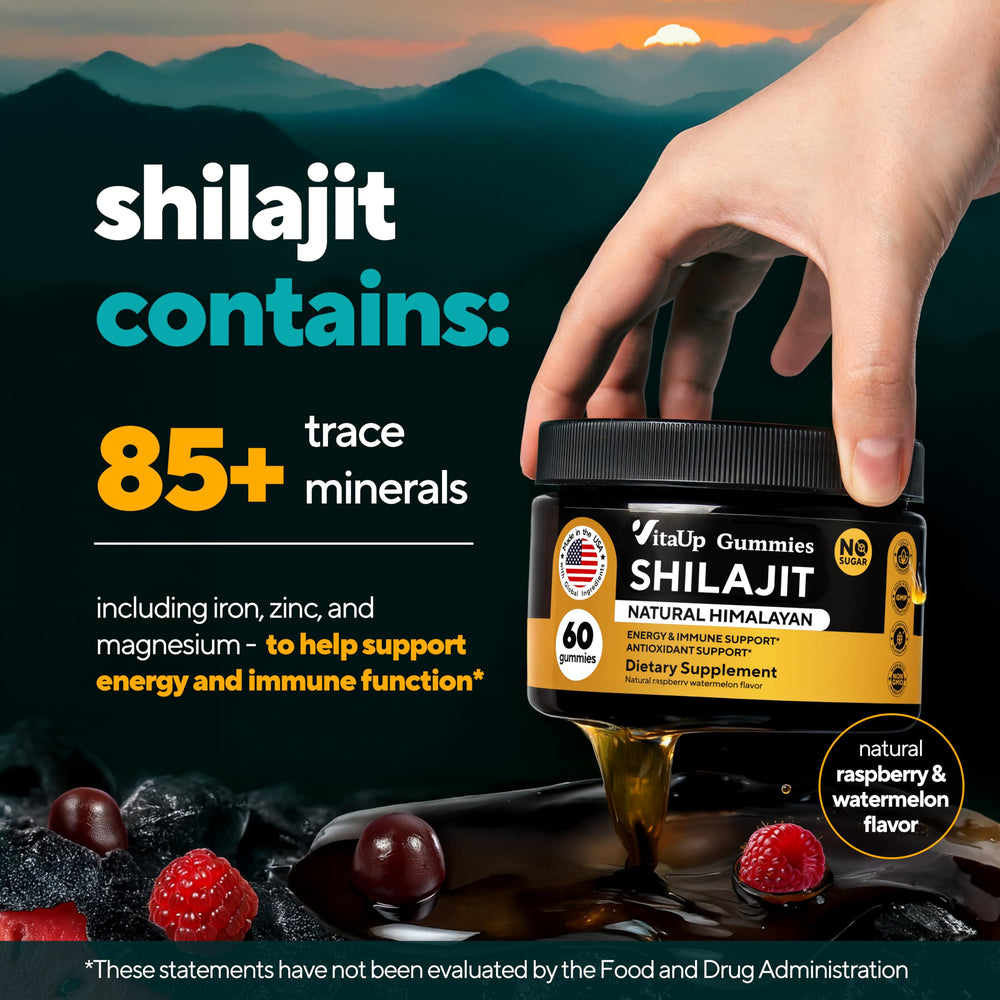 VitaUp Himalayan Shilajit Gummies bottle on counter, ideal travel-friendly supplement.