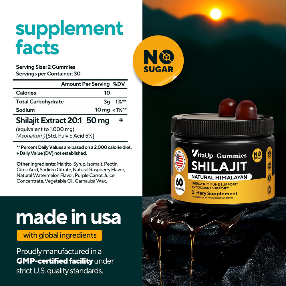 VitaUp Himalayan Shilajit Gummies close-up showing texture and wellness potential.