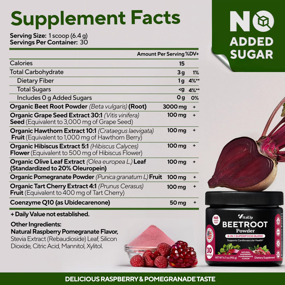 VitaUp ingredients close-up highlights organic beet root and antioxidant-rich components.