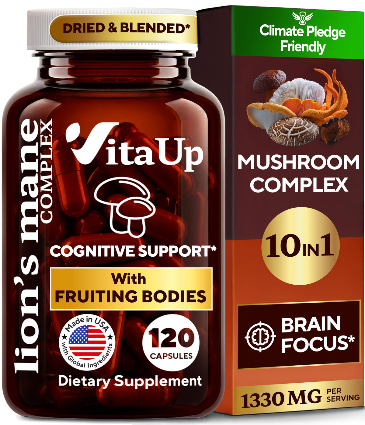 VitaUp Lions Mane capsules bottle on shelf for daily cognitive support.