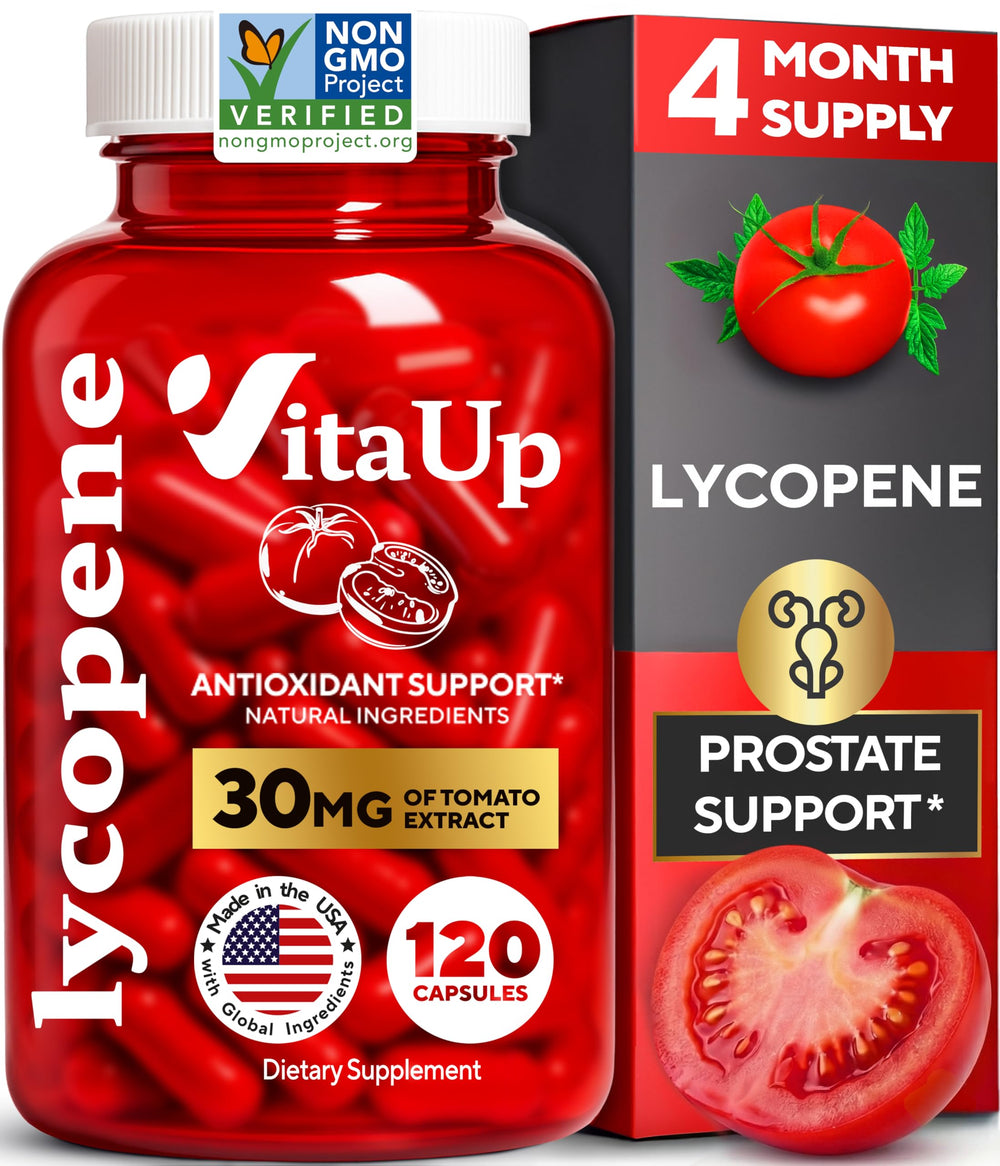 VitaUp Lycopene capsules close-up highlighting natural tomato extract benefits.