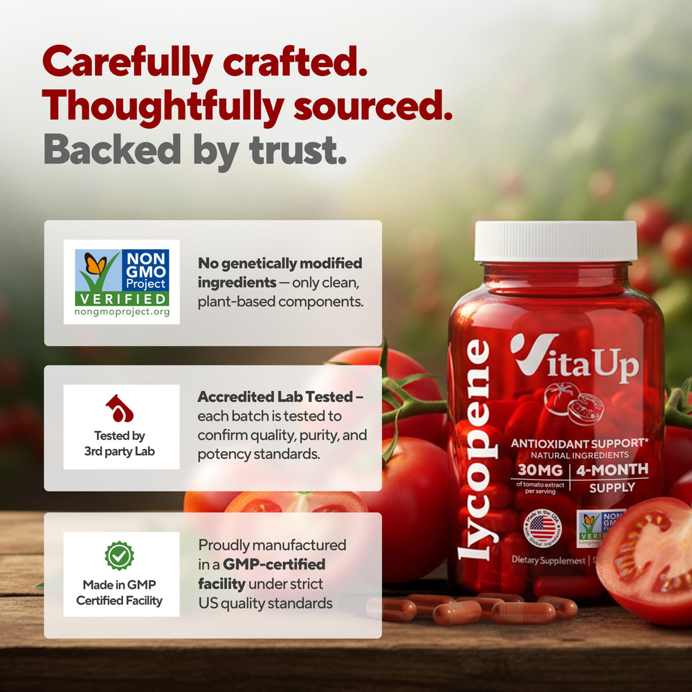 VitaUp Lycopene ingredients panel showing non-GMO and gluten-free formula.