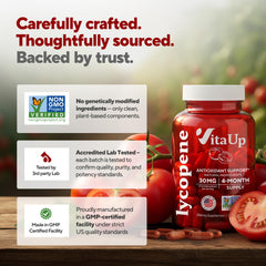 VitaUp Lycopene ingredients panel showing non-GMO and gluten-free formula.