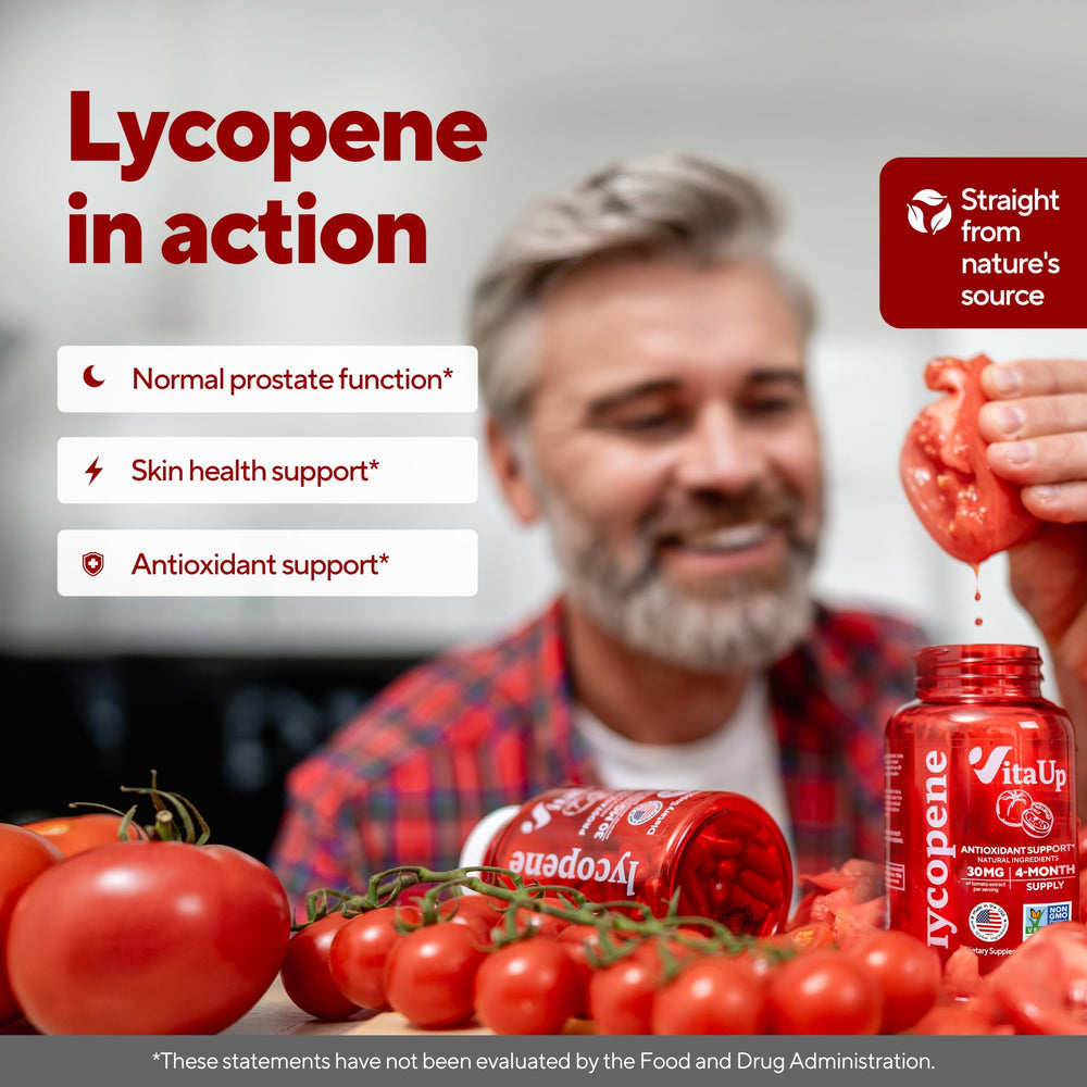 VitaUp Lycopene tablets in jar, easy daily wellness addition.