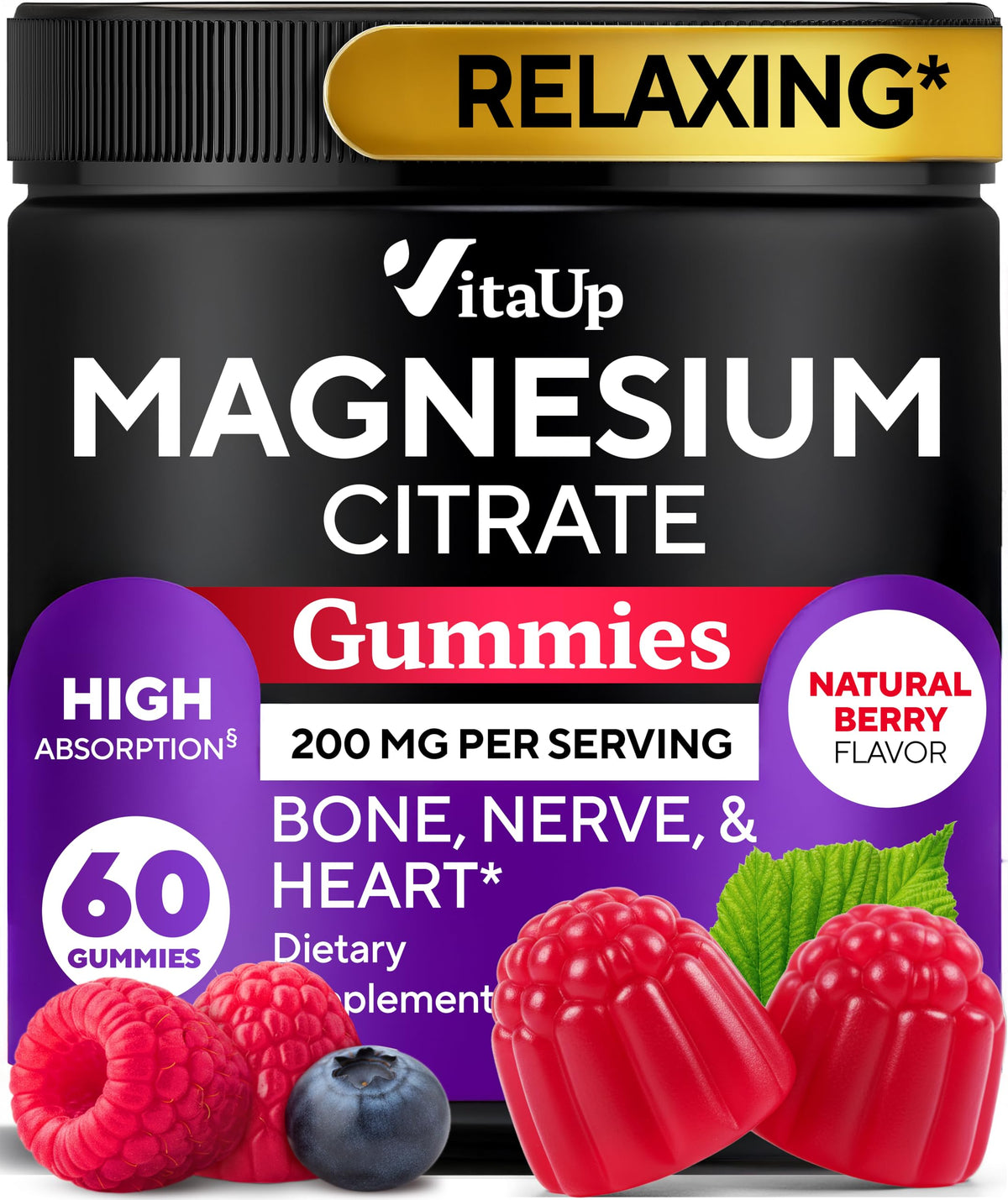 VitaUp magnesium citrate gummies bottle pour highlighting high-absorption formula.