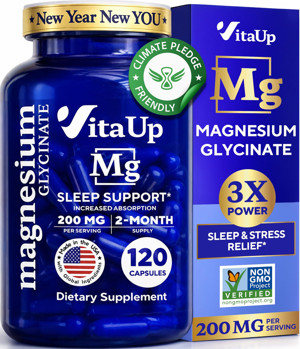 VitaUp Magnesium Glycinate 200mg bottle on a nightstand suggesting calm evenings