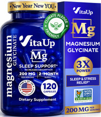 VitaUp Magnesium Glycinate 200mg bottle on a nightstand suggesting calm evenings