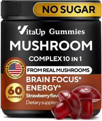 VitaUp Mushroom Gummies bottle on a counter signaling convenient daily use